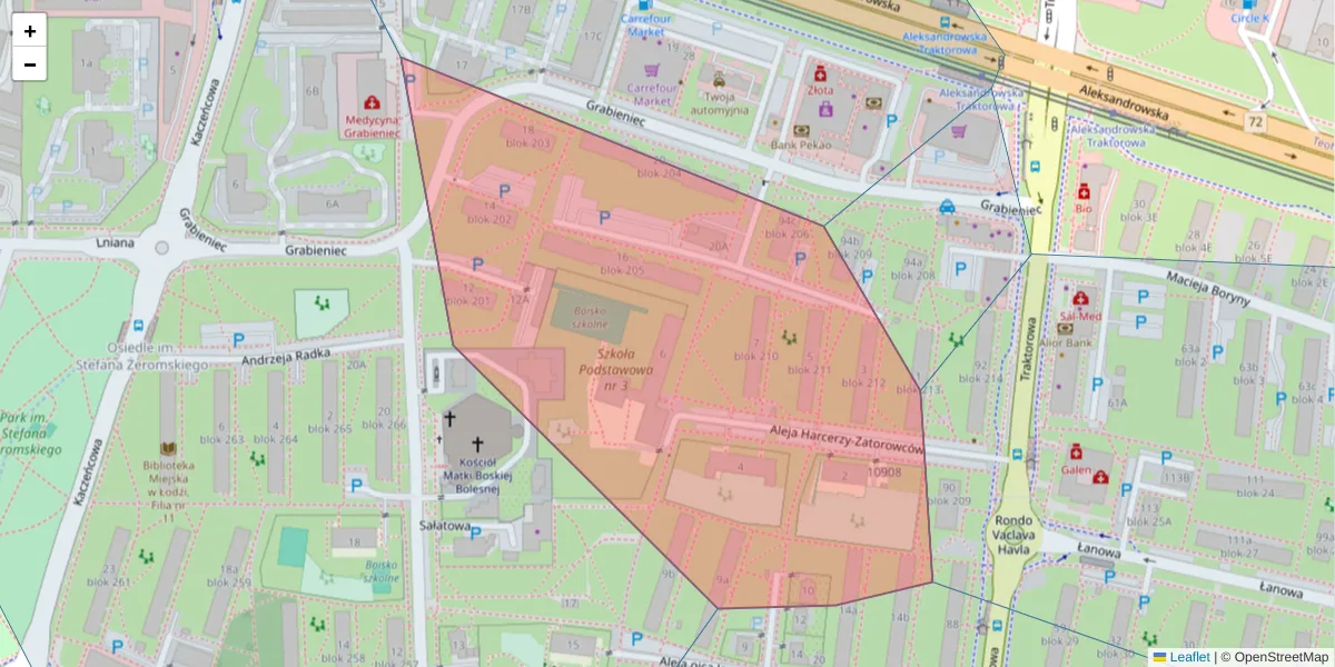Szczegółowa mapa kodu pocztowego 91-144 z granicami, sąsiednimi kodami pocztowymi i urzędami pocztowymi