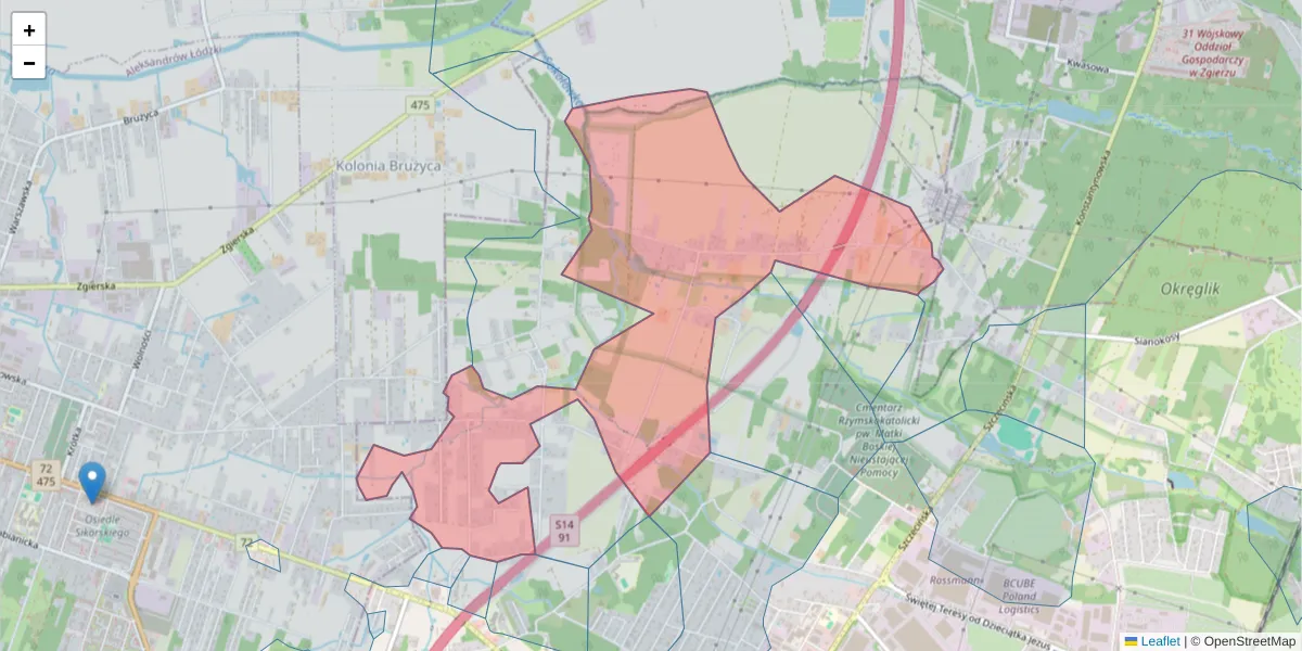 Szczegółowa mapa kodu pocztowego 91-171 z granicami, sąsiednimi kodami pocztowymi i urzędami pocztowymi