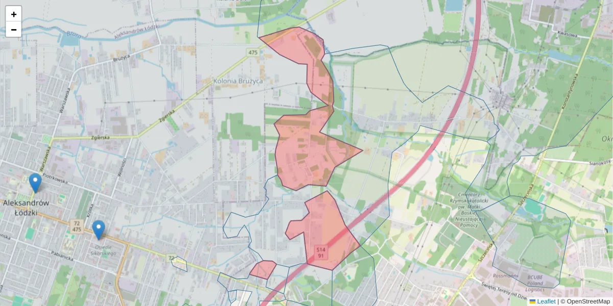 Szczegółowa mapa kodu pocztowego 91-172 z granicami, sąsiednimi kodami pocztowymi i urzędami pocztowymi