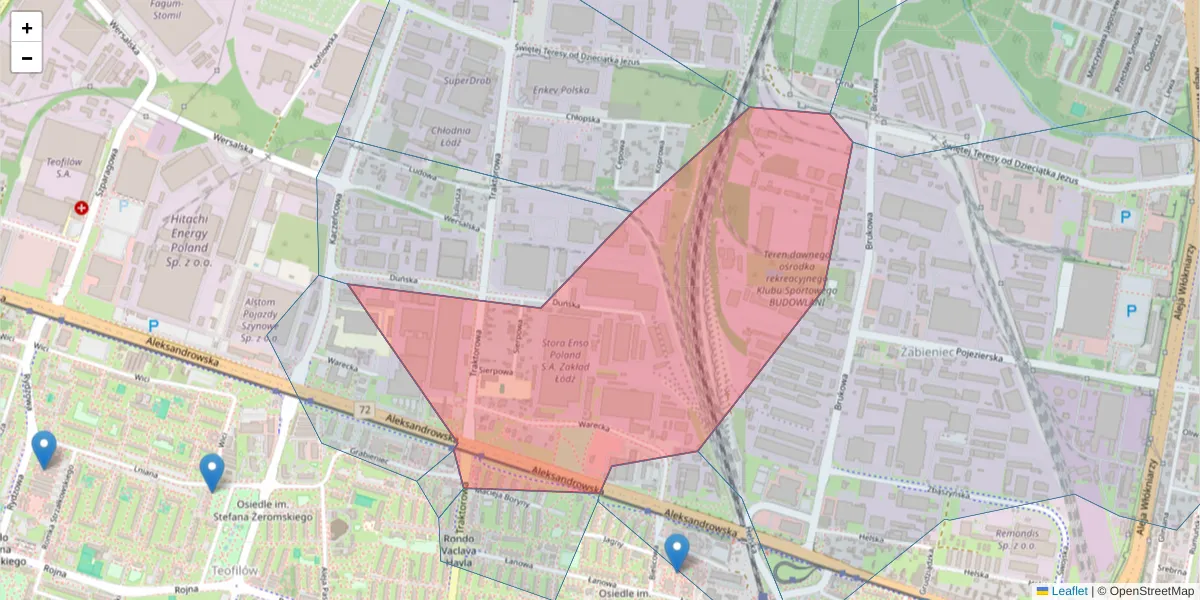 Szczegółowa mapa kodu pocztowego 91-204 z granicami, sąsiednimi kodami pocztowymi i urzędami pocztowymi