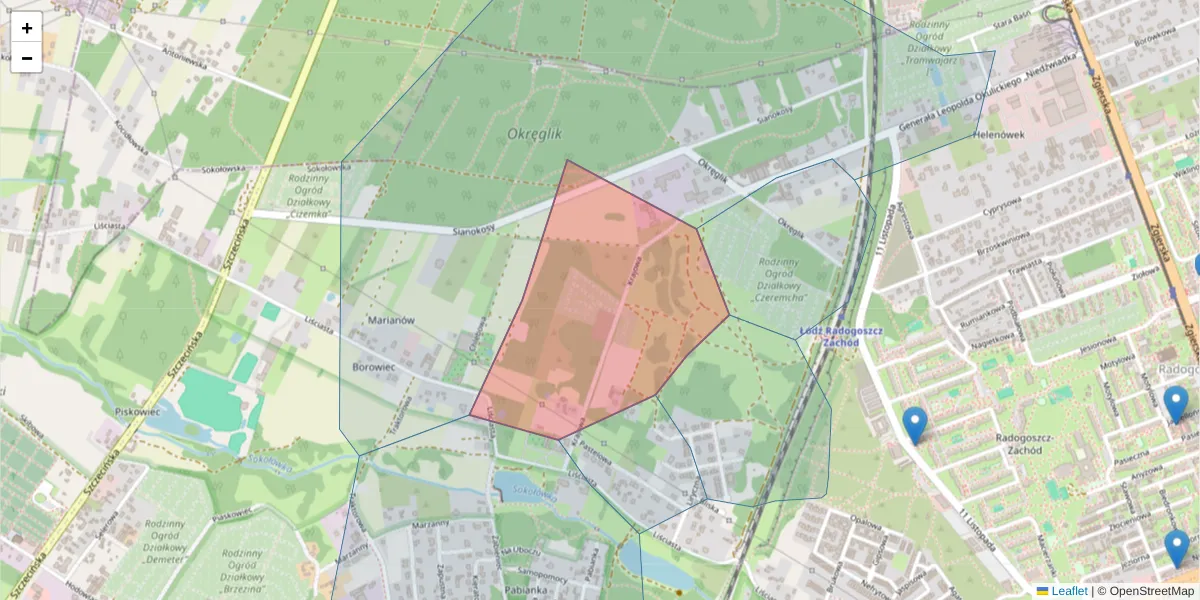 Szczegółowa mapa kodu pocztowego 91-221 z granicami, sąsiednimi kodami pocztowymi i urzędami pocztowymi