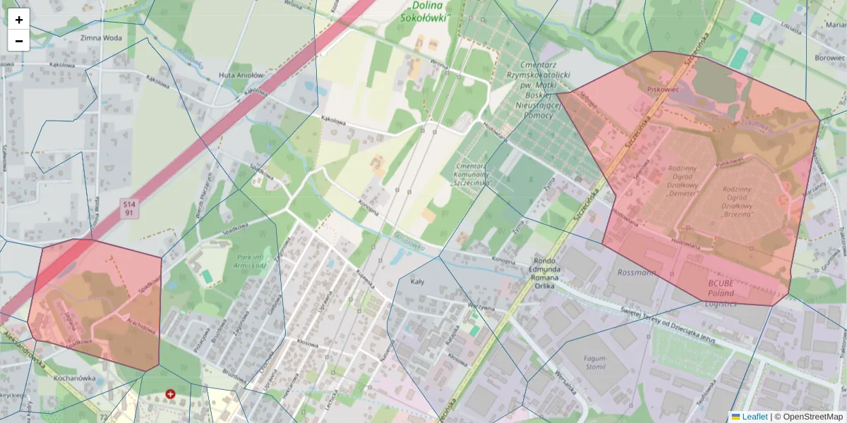 Szczegółowa mapa kodu pocztowego 91-225 z granicami, sąsiednimi kodami pocztowymi i urzędami pocztowymi