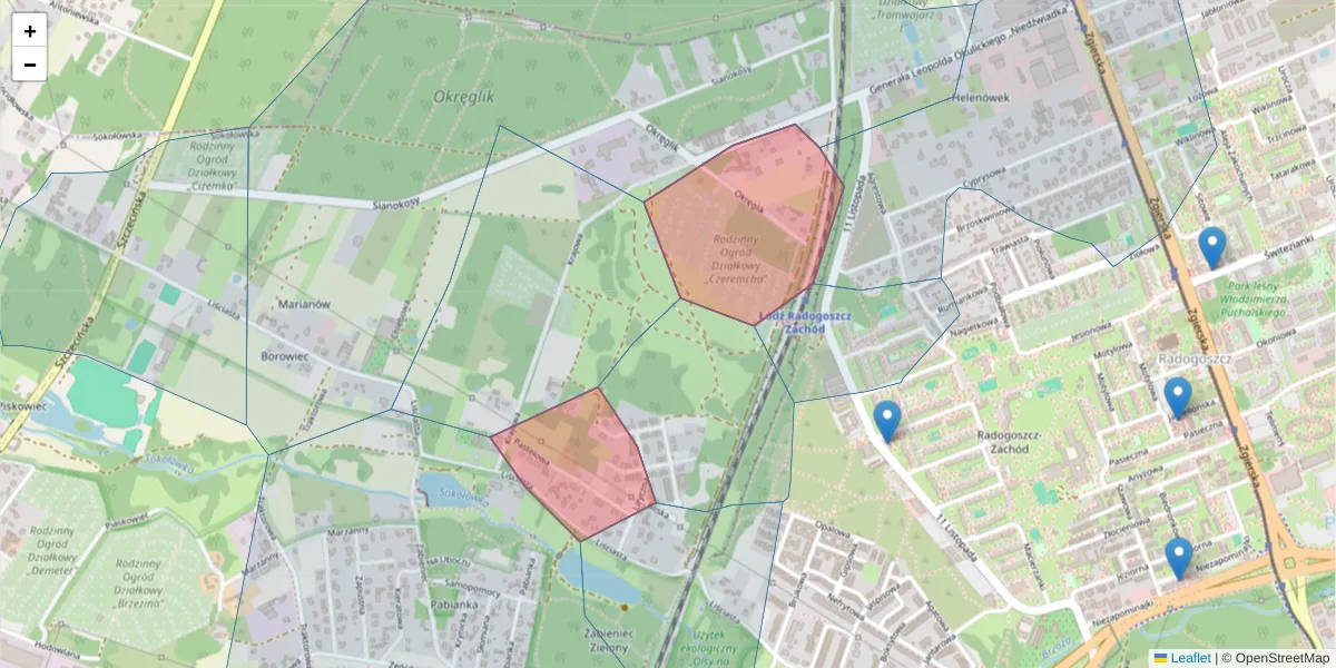 Szczegółowa mapa kodu pocztowego 91-227 z granicami, sąsiednimi kodami pocztowymi i urzędami pocztowymi