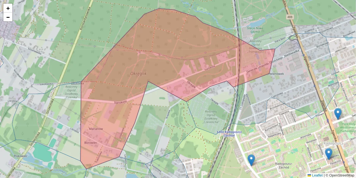 Szczegółowa mapa kodu pocztowego 91-228 z granicami, sąsiednimi kodami pocztowymi i urzędami pocztowymi