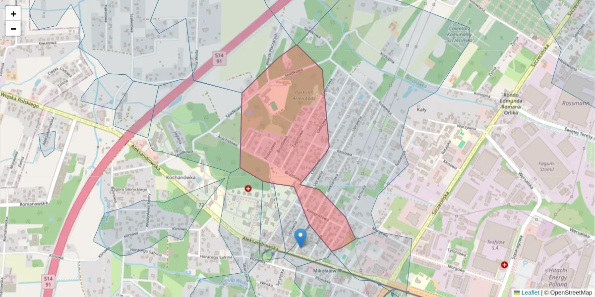Szczegółowa mapa kodu pocztowego 91-232 z granicami, sąsiednimi kodami pocztowymi i urzędami pocztowymi