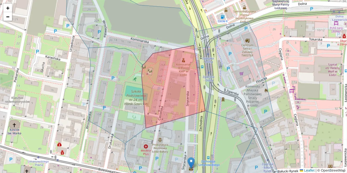 Szczegółowa mapa kodu pocztowego 91-308 z granicami, sąsiednimi kodami pocztowymi i urzędami pocztowymi