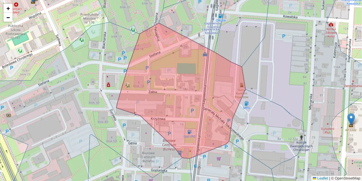 Szczegółowa mapa kodu pocztowego 91-457 z granicami, sąsiednimi kodami pocztowymi i urzędami pocztowymi