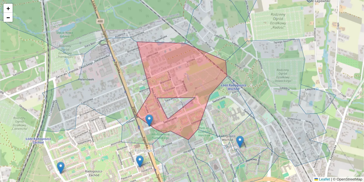 Szczegółowa mapa kodu pocztowego 91-495 z granicami, sąsiednimi kodami pocztowymi i urzędami pocztowymi