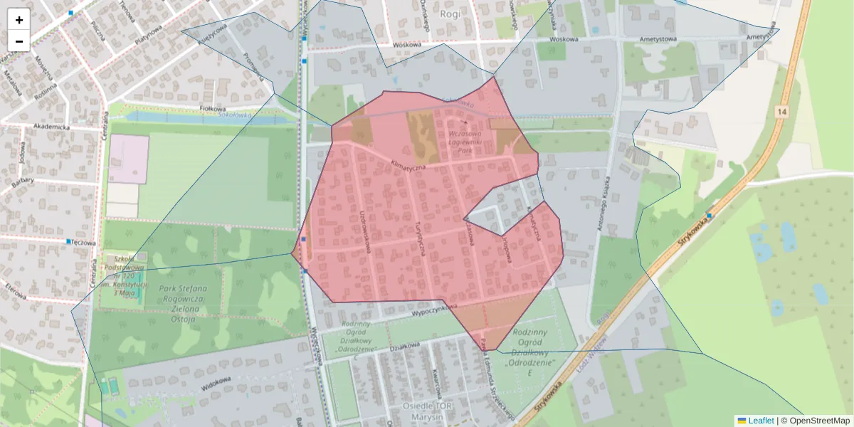 Szczegółowa mapa kodu pocztowego 91-615 z granicami, sąsiednimi kodami pocztowymi i urzędami pocztowymi