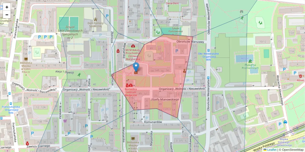 Szczegółowa mapa kodu pocztowego 91-805 z granicami, sąsiednimi kodami pocztowymi i urzędami pocztowymi