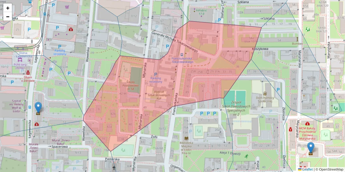 Szczegółowa mapa kodu pocztowego 91-838 z granicami, sąsiednimi kodami pocztowymi i urzędami pocztowymi