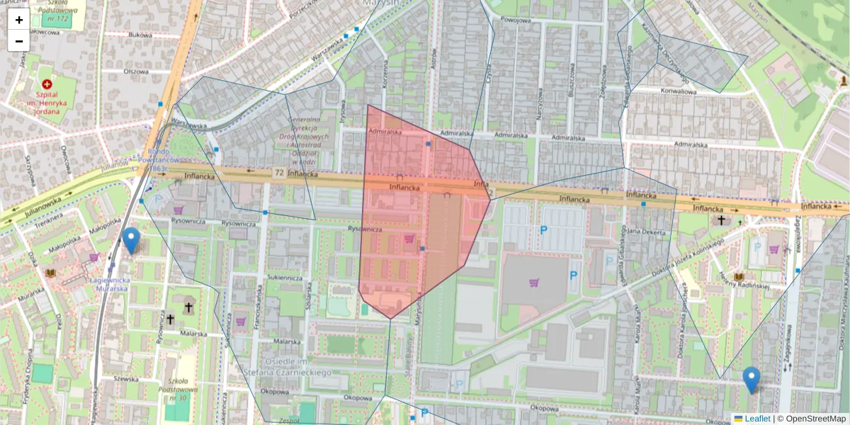 Szczegółowa mapa kodu pocztowego 91-852 z granicami, sąsiednimi kodami pocztowymi i urzędami pocztowymi