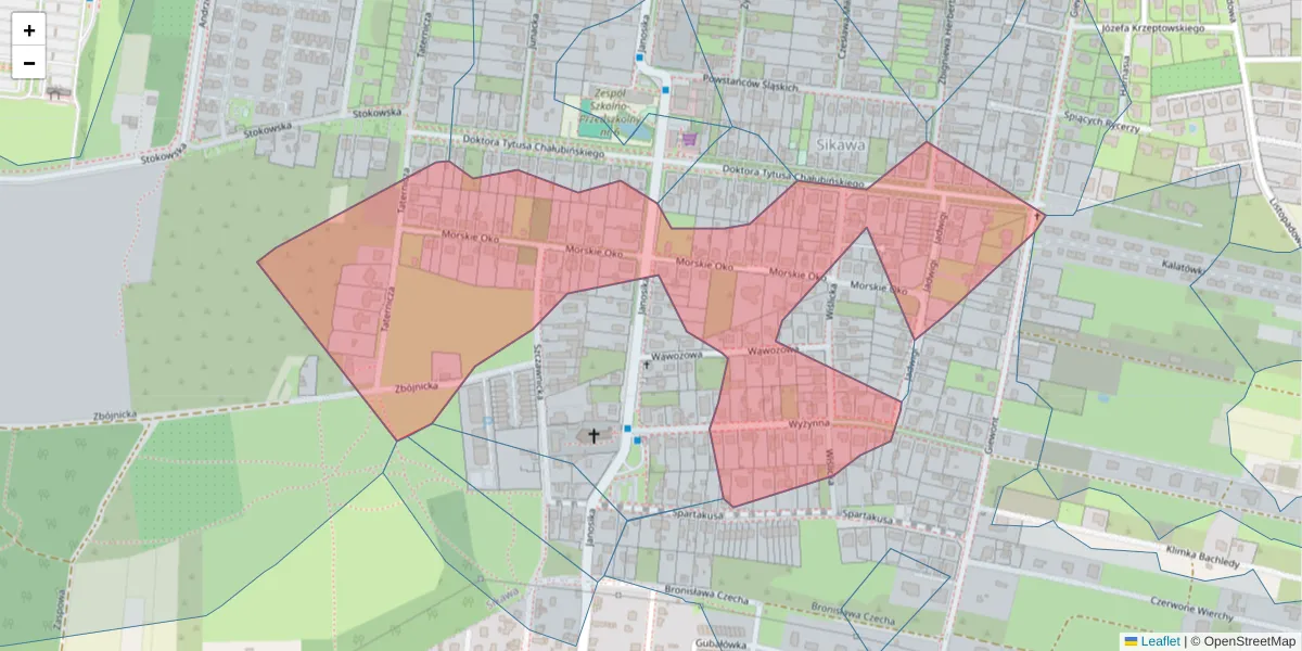 Szczegółowa mapa kodu pocztowego 92-107 z granicami, sąsiednimi kodami pocztowymi i urzędami pocztowymi