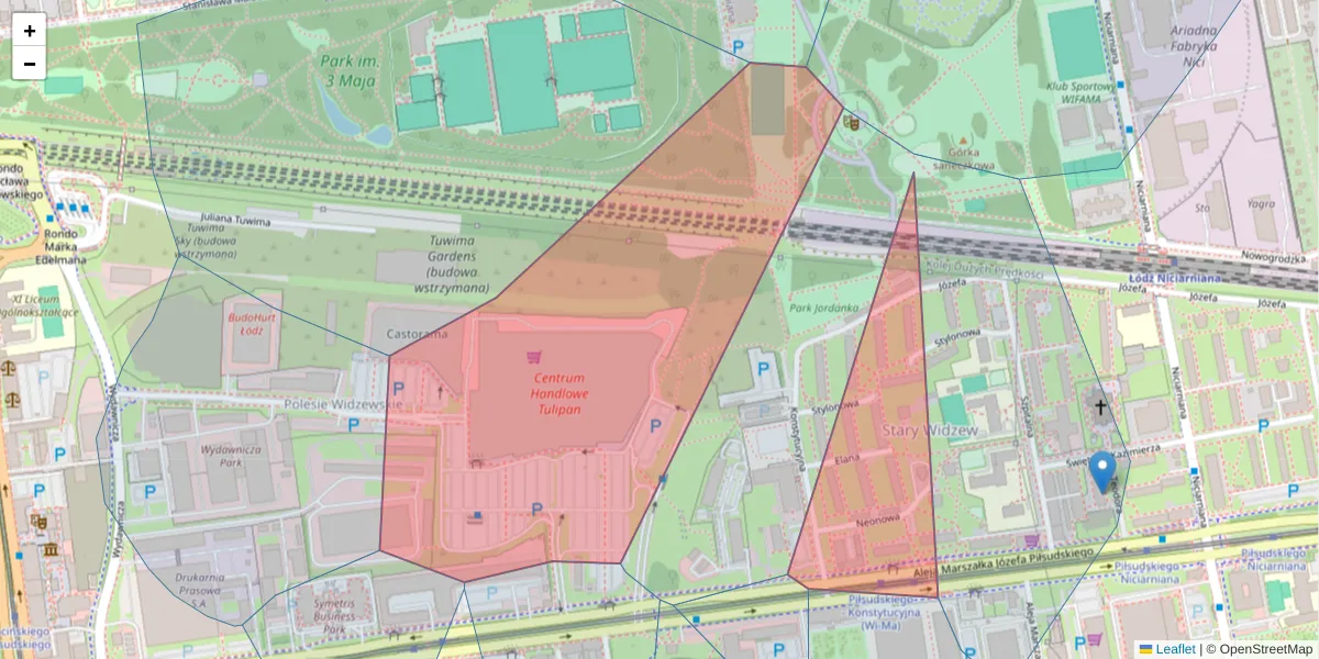 Szczegółowa mapa kodu pocztowego 92-202 z granicami, sąsiednimi kodami pocztowymi i urzędami pocztowymi