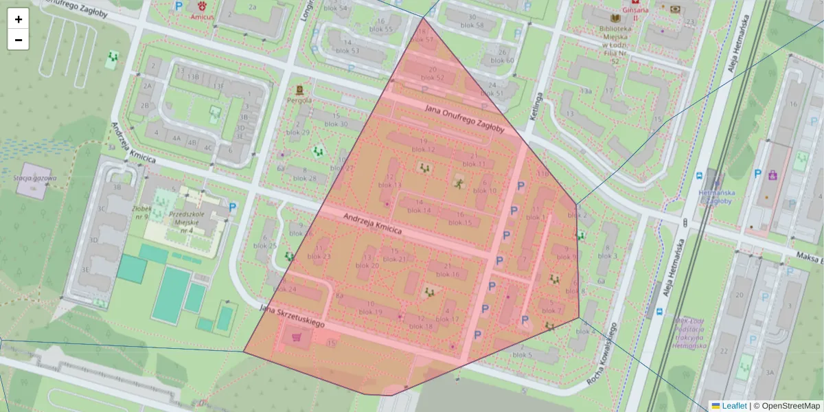 Szczegółowa mapa kodu pocztowego 92-433 z granicami, sąsiednimi kodami pocztowymi i urzędami pocztowymi
