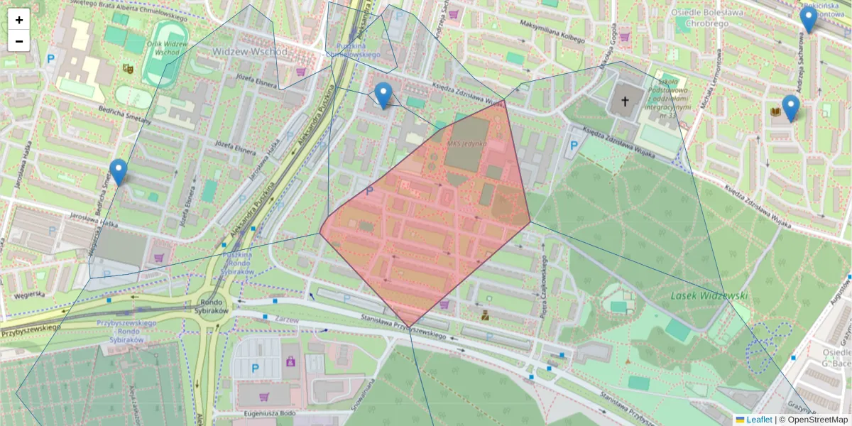 Szczegółowa mapa kodu pocztowego 92-507 z granicami, sąsiednimi kodami pocztowymi i urzędami pocztowymi