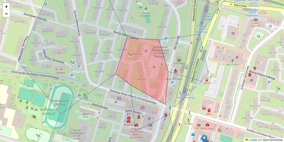 Szczegółowa mapa kodu pocztowego 92-531 z granicami, sąsiednimi kodami pocztowymi i urzędami pocztowymi