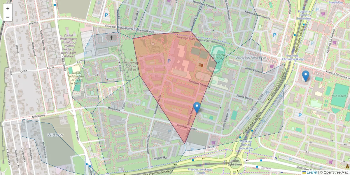 Szczegółowa mapa kodu pocztowego 92-538 z granicami, sąsiednimi kodami pocztowymi i urzędami pocztowymi