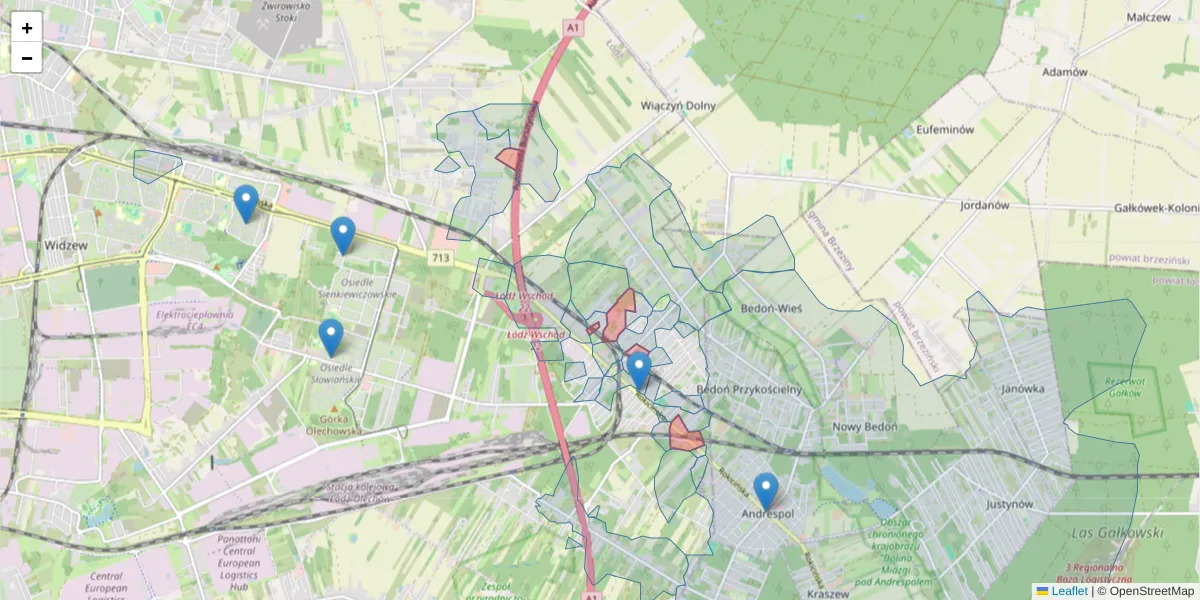 Szczegółowa mapa kodu pocztowego 92-602 z granicami, sąsiednimi kodami pocztowymi i urzędami pocztowymi