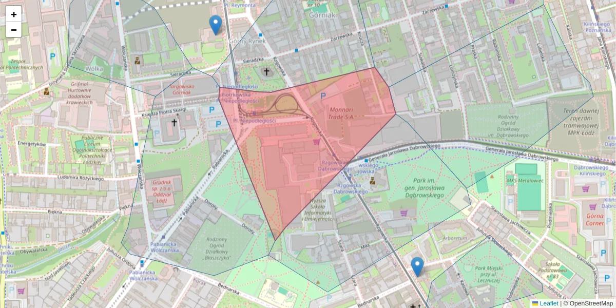 Szczegółowa mapa kodu pocztowego 93-029 z granicami, sąsiednimi kodami pocztowymi i urzędami pocztowymi
