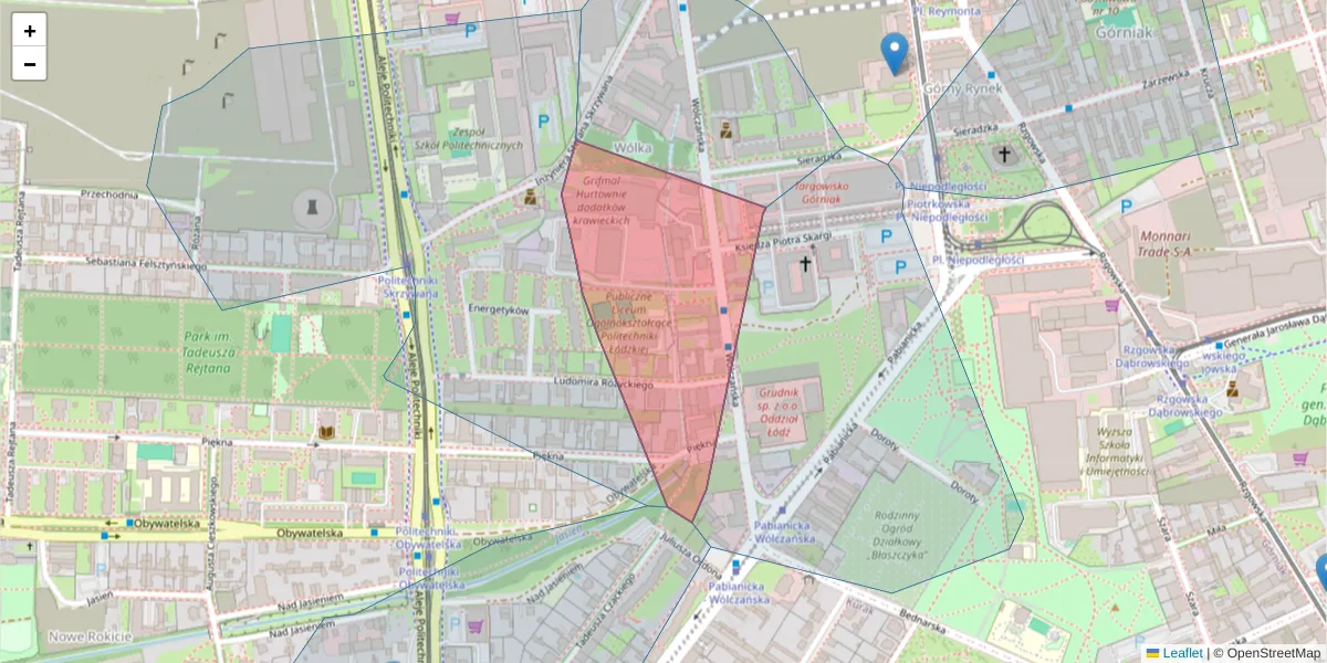 Szczegółowa mapa kodu pocztowego 93-035 z granicami, sąsiednimi kodami pocztowymi i urzędami pocztowymi
