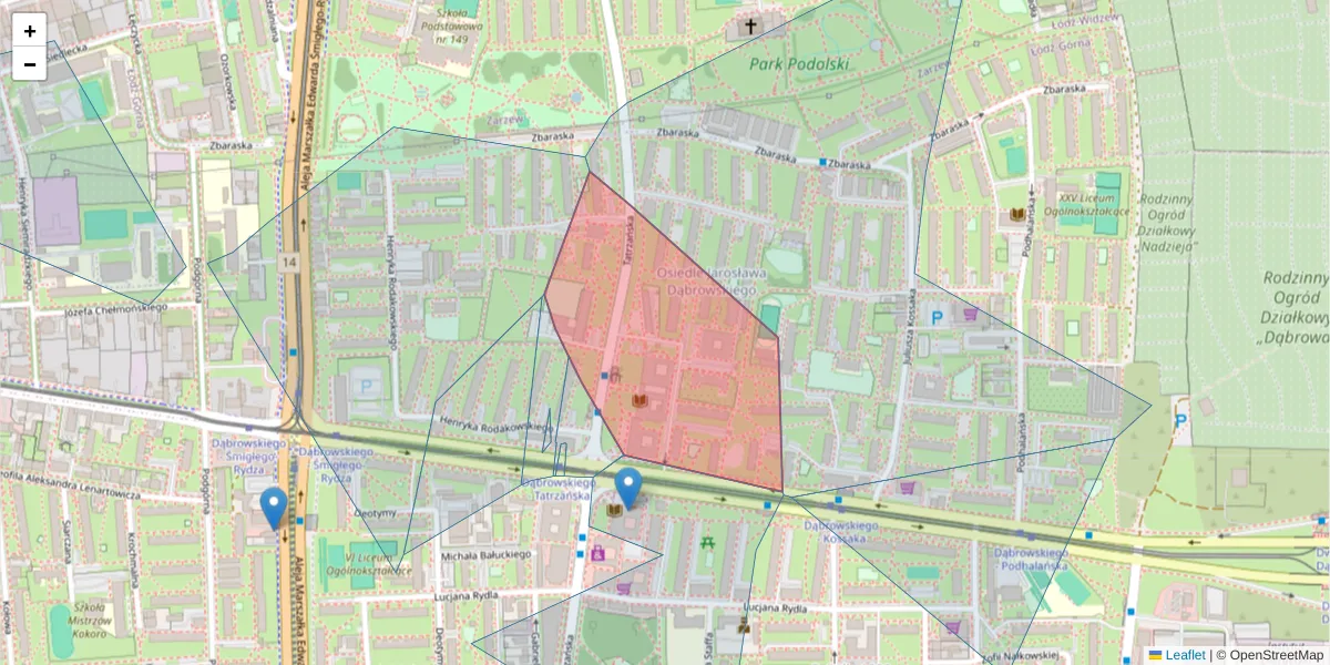 Szczegółowa mapa kodu pocztowego 93-129 z granicami, sąsiednimi kodami pocztowymi i urzędami pocztowymi