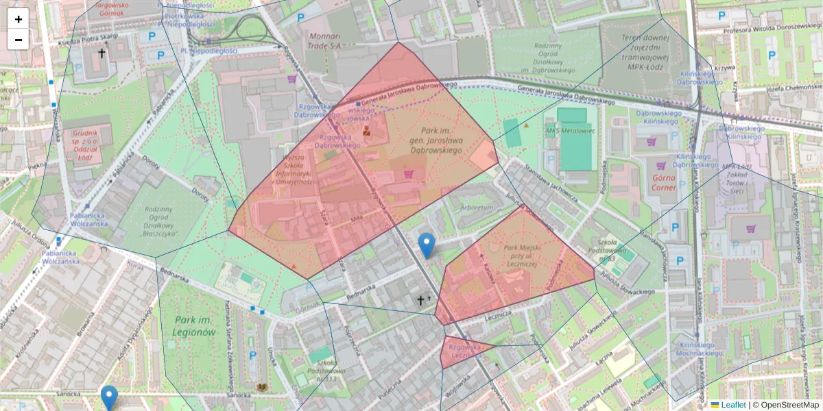 Szczegółowa mapa kodu pocztowego 93-172 z granicami, sąsiednimi kodami pocztowymi i urzędami pocztowymi