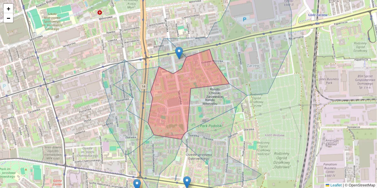 Szczegółowa mapa kodu pocztowego 93-219 z granicami, sąsiednimi kodami pocztowymi i urzędami pocztowymi