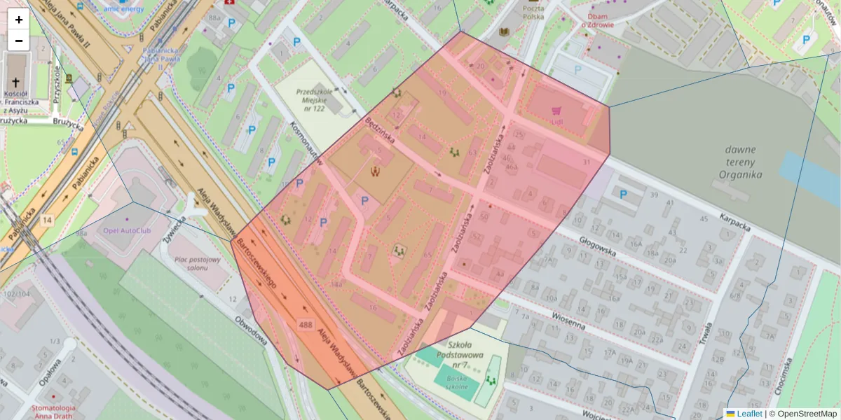 Szczegółowa mapa kodu pocztowego 93-539 z granicami, sąsiednimi kodami pocztowymi i urzędami pocztowymi
