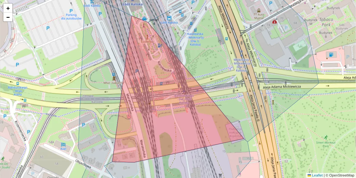 Szczegółowa mapa kodu pocztowego 94-020 z granicami, sąsiednimi kodami pocztowymi i urzędami pocztowymi