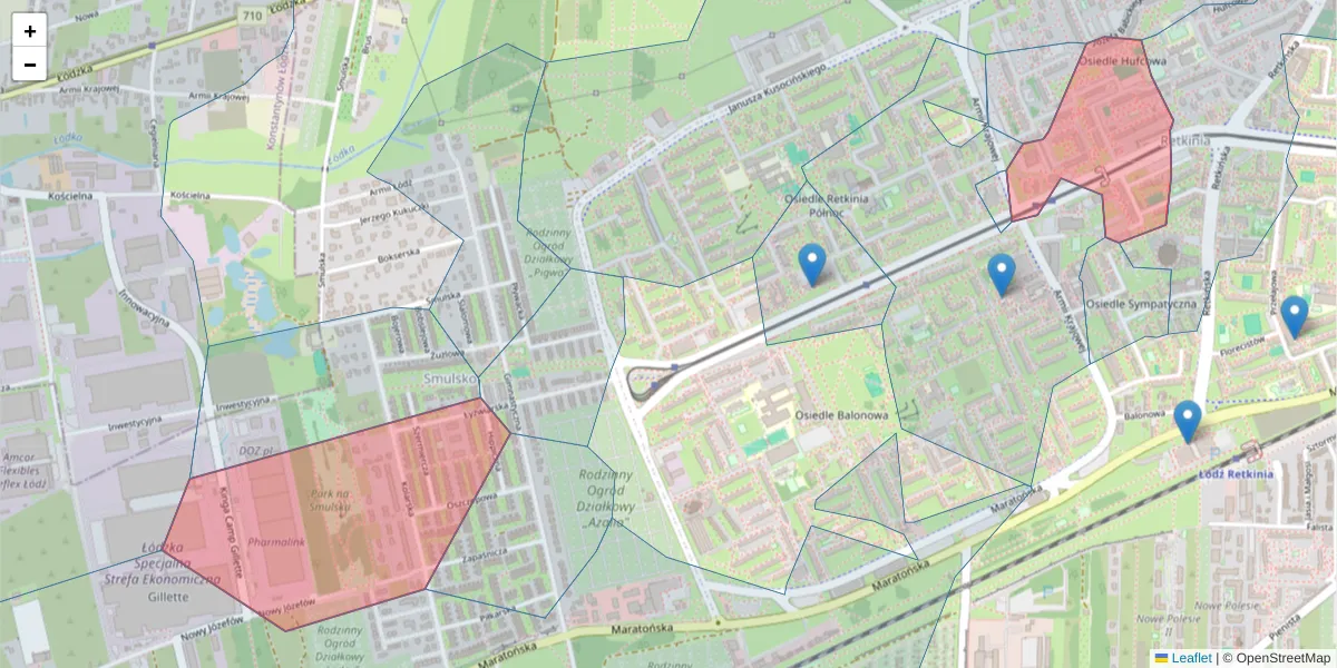 Szczegółowa mapa kodu pocztowego 94-048 z granicami, sąsiednimi kodami pocztowymi i urzędami pocztowymi