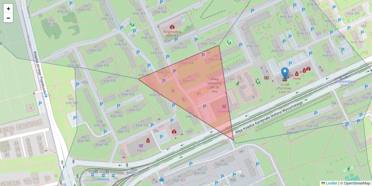 Szczegółowa mapa kodu pocztowego 94-051 z granicami, sąsiednimi kodami pocztowymi i urzędami pocztowymi