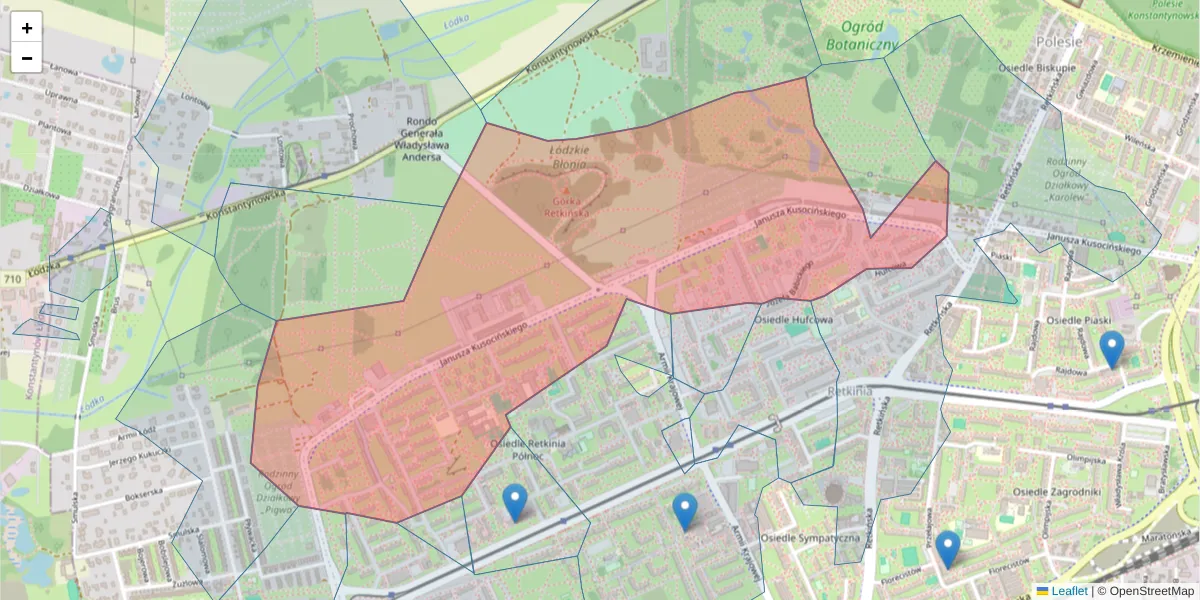 Szczegółowa mapa kodu pocztowego 94-054 z granicami, sąsiednimi kodami pocztowymi i urzędami pocztowymi