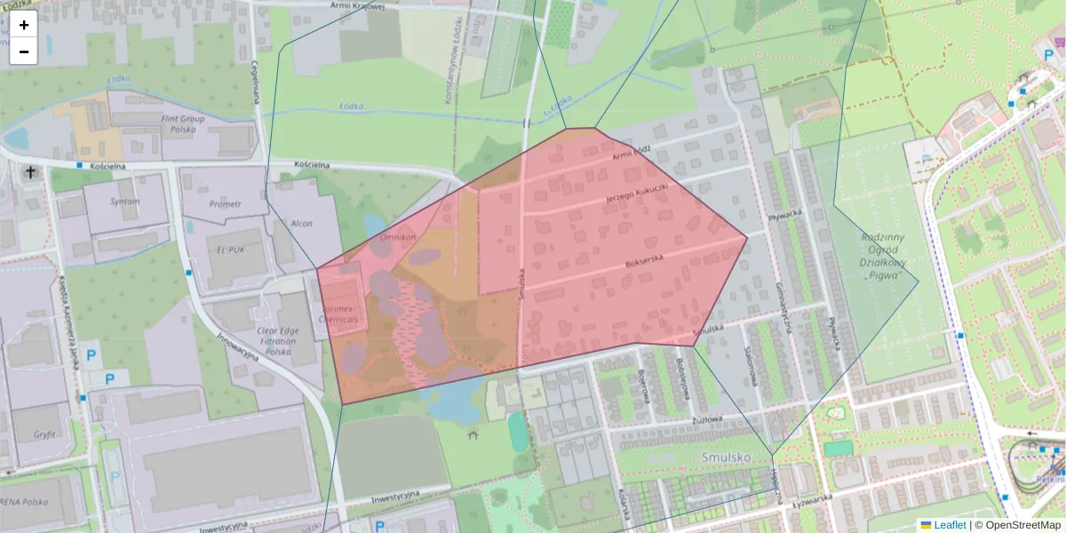 Szczegółowa mapa kodu pocztowego 94-129 z granicami, sąsiednimi kodami pocztowymi i urzędami pocztowymi