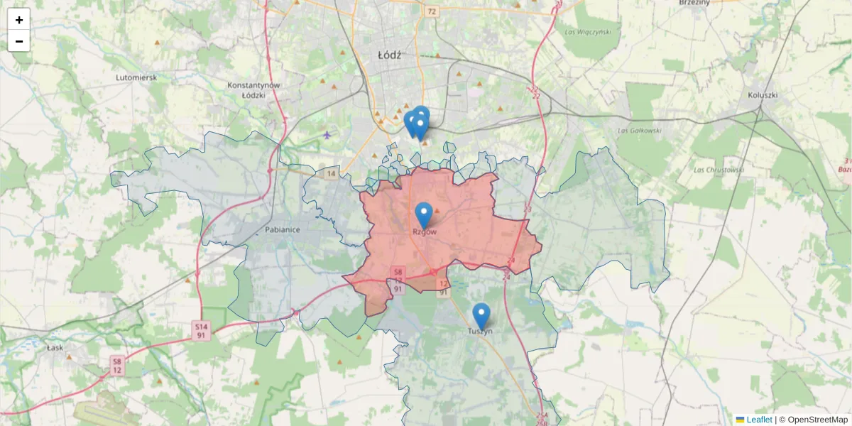 Szczegółowa mapa kodu pocztowego 95-030 z granicami, sąsiednimi kodami pocztowymi i urzędami pocztowymi