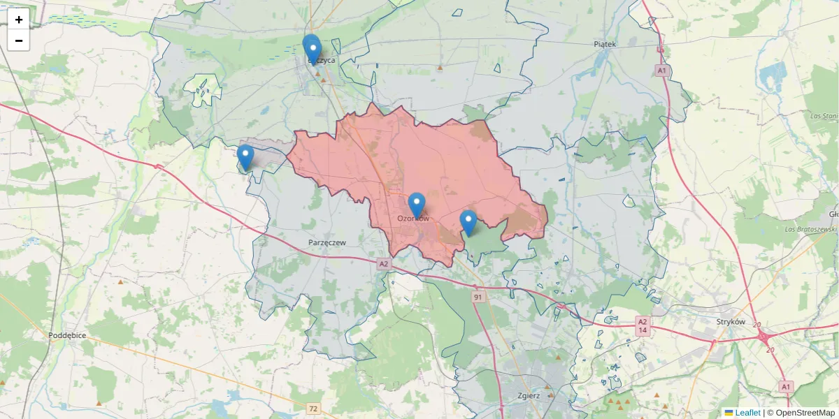 Szczegółowa mapa kodu pocztowego 95-035 z granicami, sąsiednimi kodami pocztowymi i urzędami pocztowymi