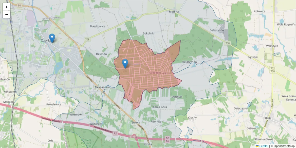 Szczegółowa mapa kodu pocztowego 95-039 z granicami, sąsiednimi kodami pocztowymi i urzędami pocztowymi