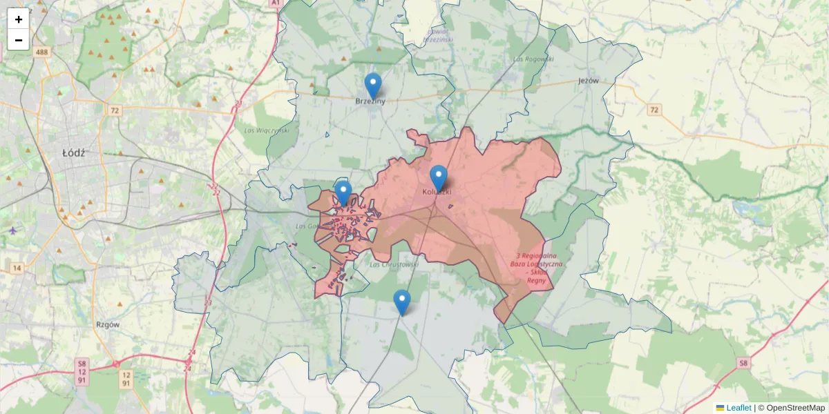 Szczegółowa mapa kodu pocztowego 95-040 z granicami, sąsiednimi kodami pocztowymi i urzędami pocztowymi