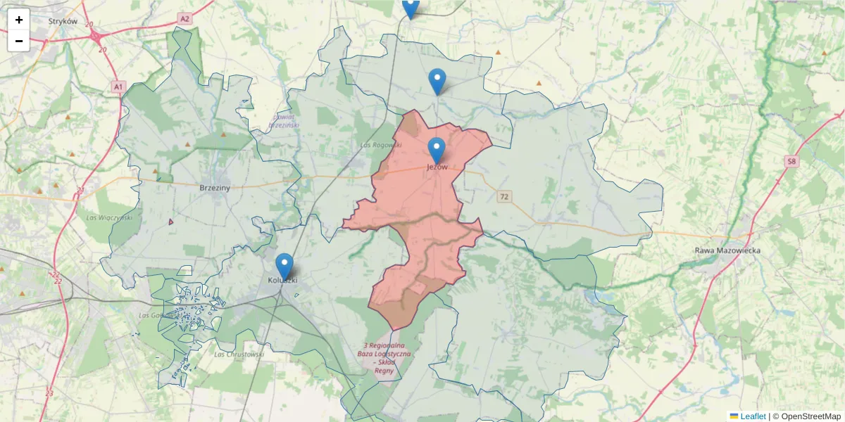Szczegółowa mapa kodu pocztowego 95-047 z granicami, sąsiednimi kodami pocztowymi i urzędami pocztowymi