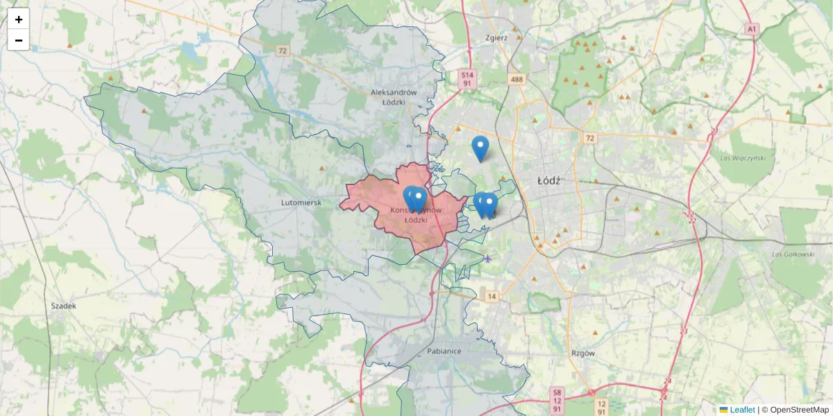 Szczegółowa mapa kodu pocztowego 95-050 z granicami, sąsiednimi kodami pocztowymi i urzędami pocztowymi