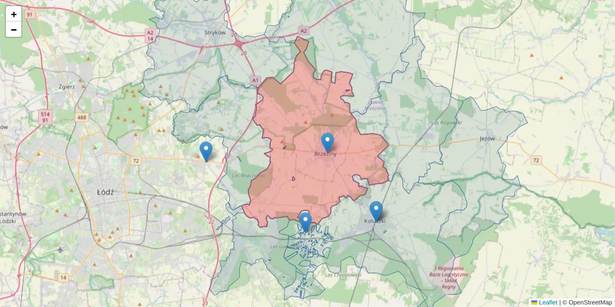 Szczegółowa mapa kodu pocztowego 95-060 z granicami, sąsiednimi kodami pocztowymi i urzędami pocztowymi
