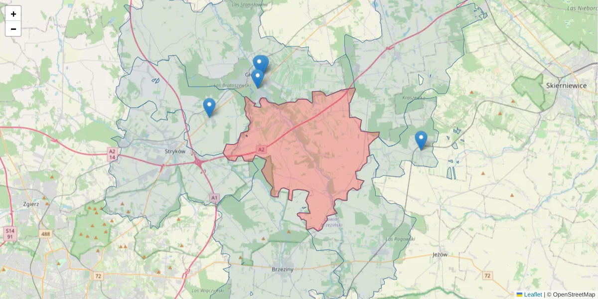 Szczegółowa mapa kodu pocztowego 95-061 z granicami, sąsiednimi kodami pocztowymi i urzędami pocztowymi