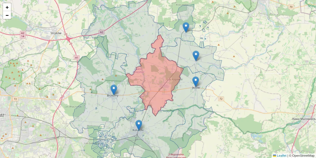 Szczegółowa mapa kodu pocztowego 95-063 z granicami, sąsiednimi kodami pocztowymi i urzędami pocztowymi