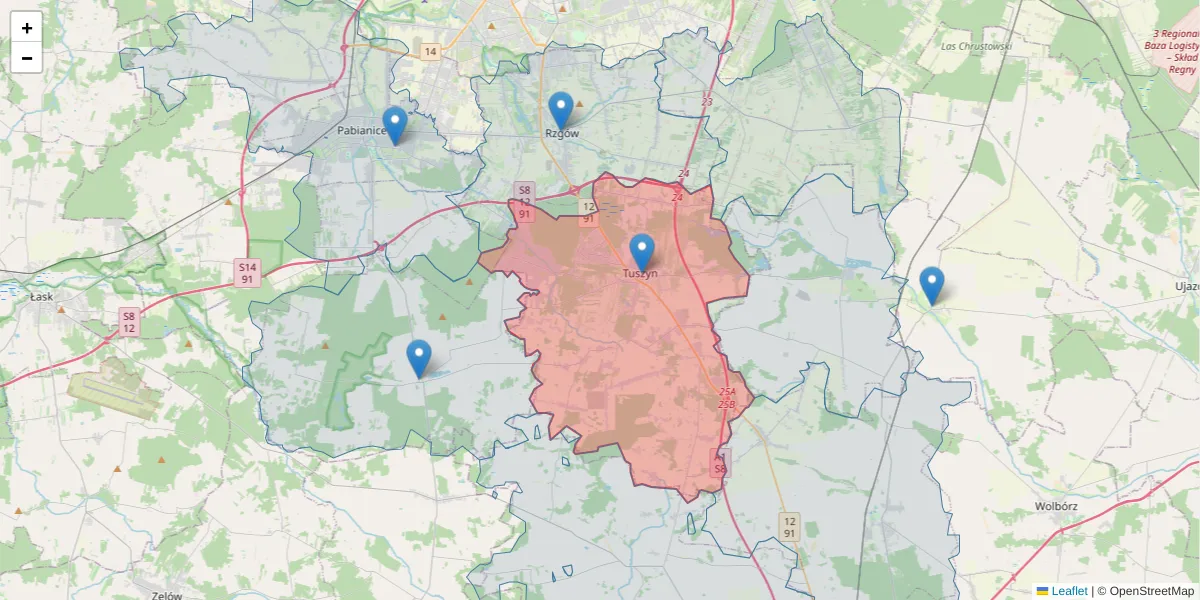 Szczegółowa mapa kodu pocztowego 95-080 z granicami, sąsiednimi kodami pocztowymi i urzędami pocztowymi