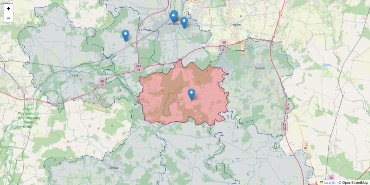 Szczegółowa mapa kodu pocztowego 95-081 z granicami, sąsiednimi kodami pocztowymi i urzędami pocztowymi