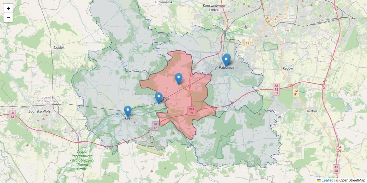 Szczegółowa mapa kodu pocztowego 95-082 z granicami, sąsiednimi kodami pocztowymi i urzędami pocztowymi
