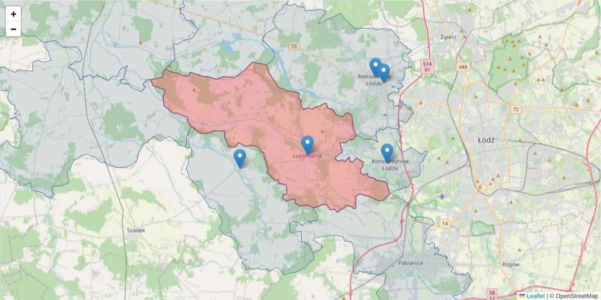 Szczegółowa mapa kodu pocztowego 95-083 z granicami, sąsiednimi kodami pocztowymi i urzędami pocztowymi