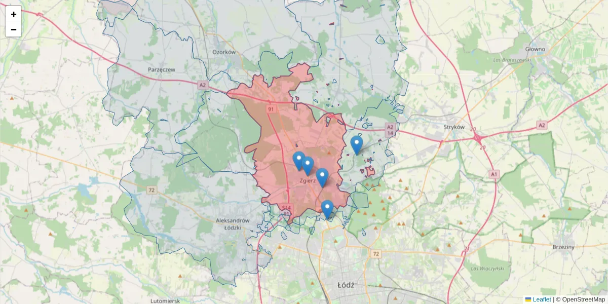 Szczegółowa mapa kodu pocztowego 95-100 z granicami, sąsiednimi kodami pocztowymi i urzędami pocztowymi