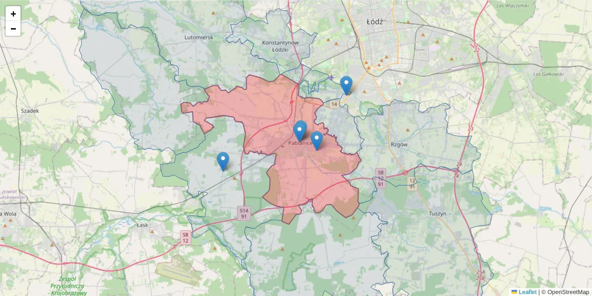 Szczegółowa mapa kodu pocztowego 95-200 z granicami, sąsiednimi kodami pocztowymi i urzędami pocztowymi