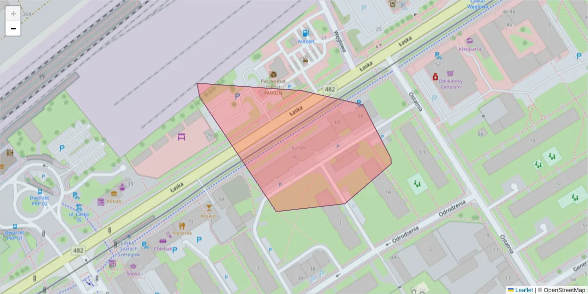 Szczegółowa mapa kodu pocztowego 95-204 z granicami, sąsiednimi kodami pocztowymi i urzędami pocztowymi